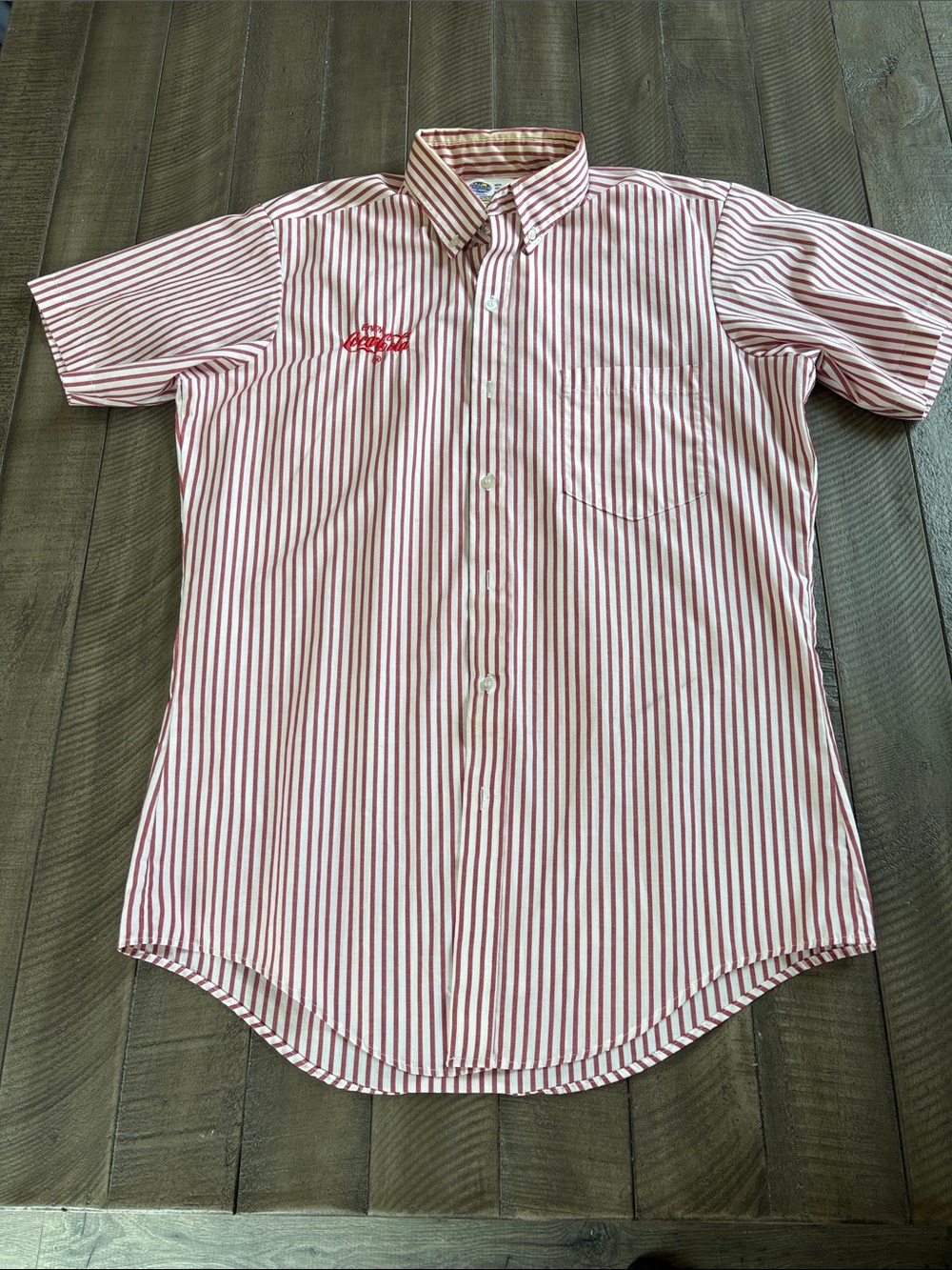 Coca Cola Red and White Striped Short-Sleeve Button Down Shirt with Logo